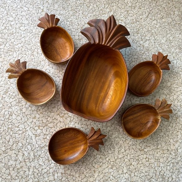 Vintage Teak Pineapple Salad Bowl Set Mid Century Modern- 6 Pieces - Picture 3 of 7